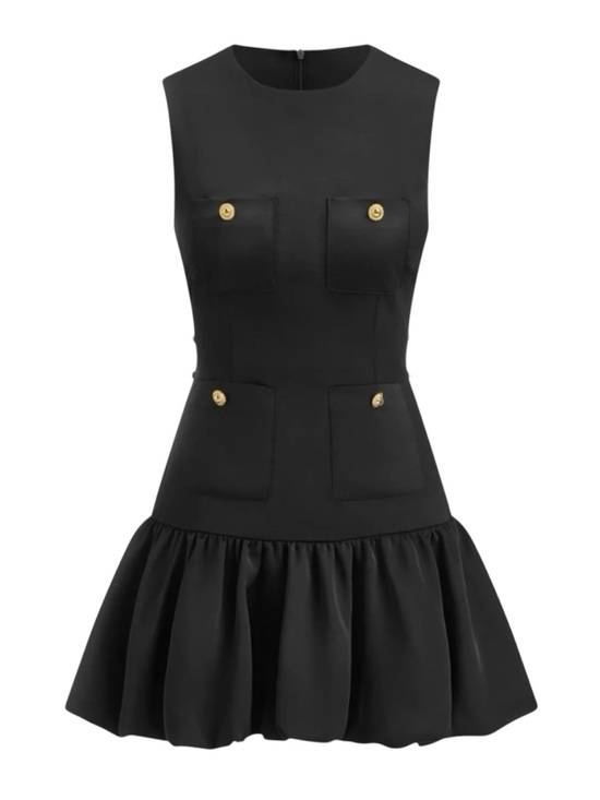 Commense Dresses & Skirts - Commense Black Structured Mini Dress Gold Button Pocket Bubble Hem Medium NWT